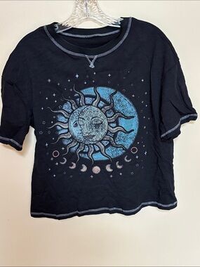 NWT BEAU DRM Sun Moon Celestial Tee Shirt, Size Small, Black w/ Blue, New in Bag
